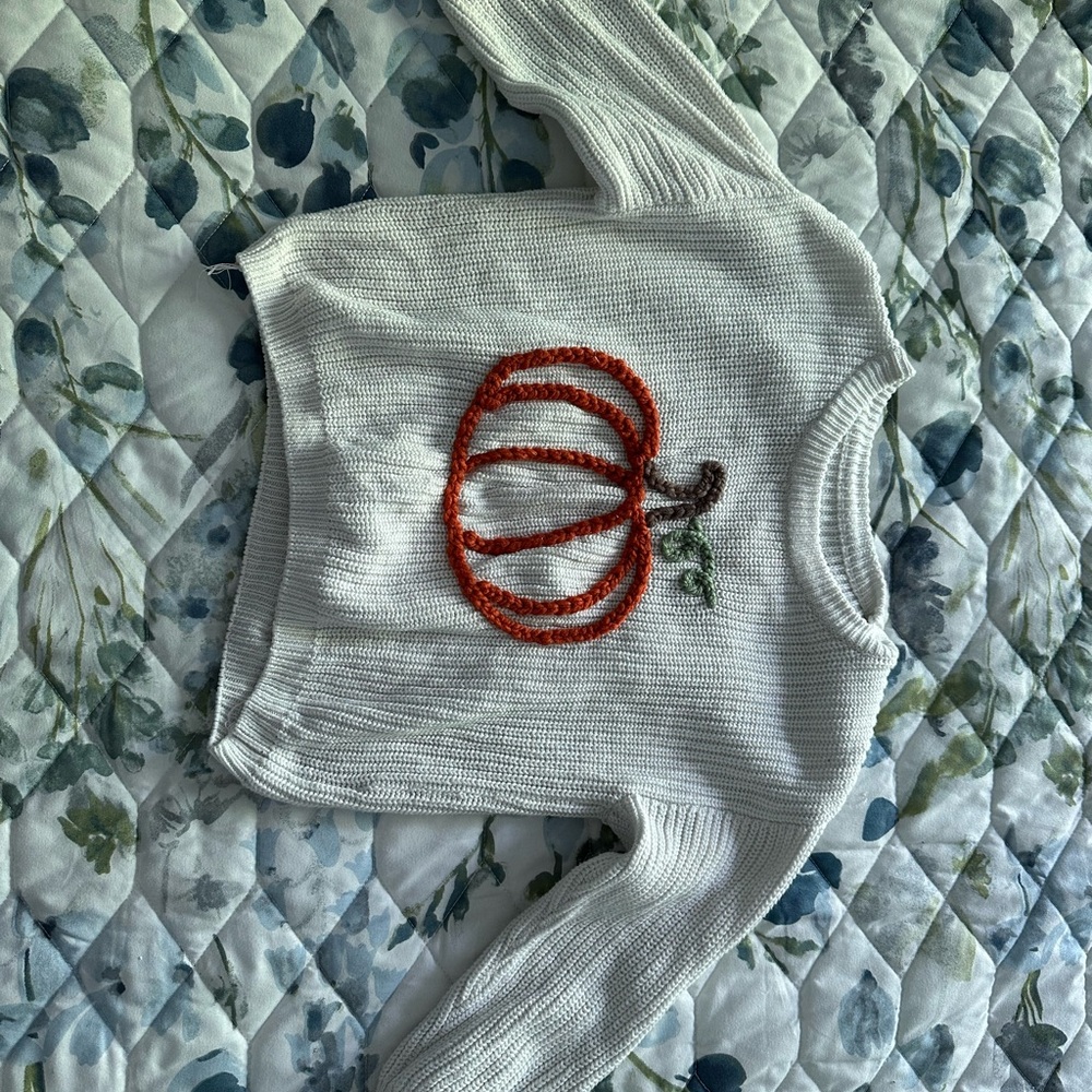 White Sweater with HAND MADE Pumpkin Design